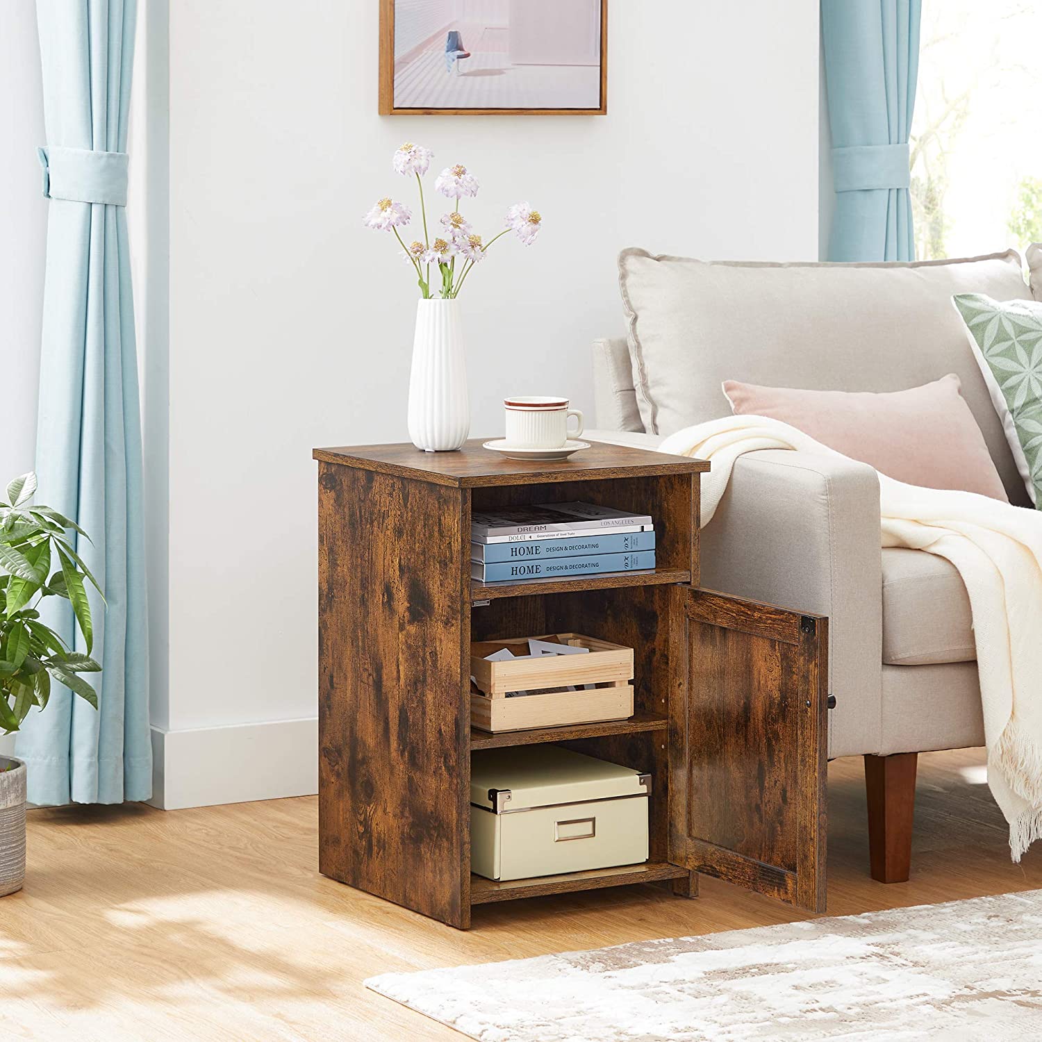 Rustic Brown Bedside Table – MDF – Brown – With Cabinet