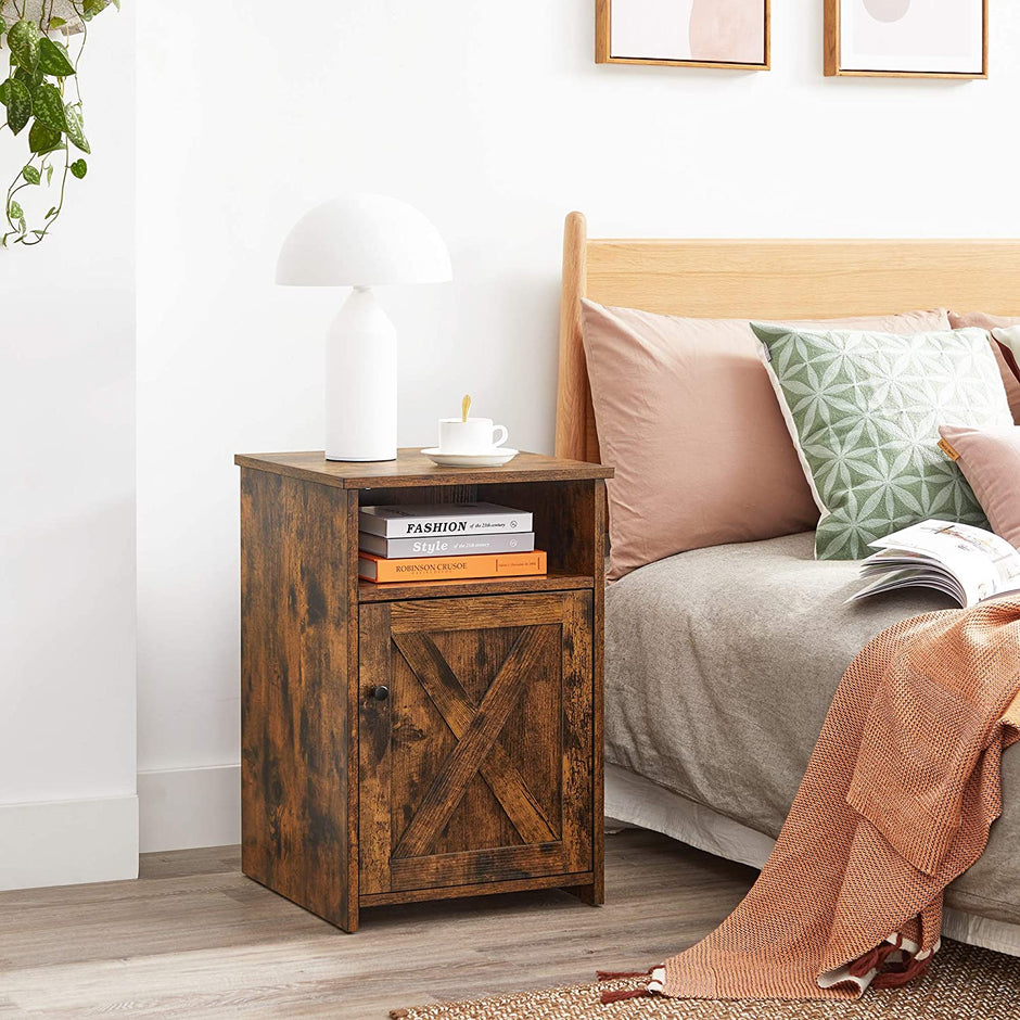 Rustic Brown Bedside Table – MDF – Brown – With Cabinet