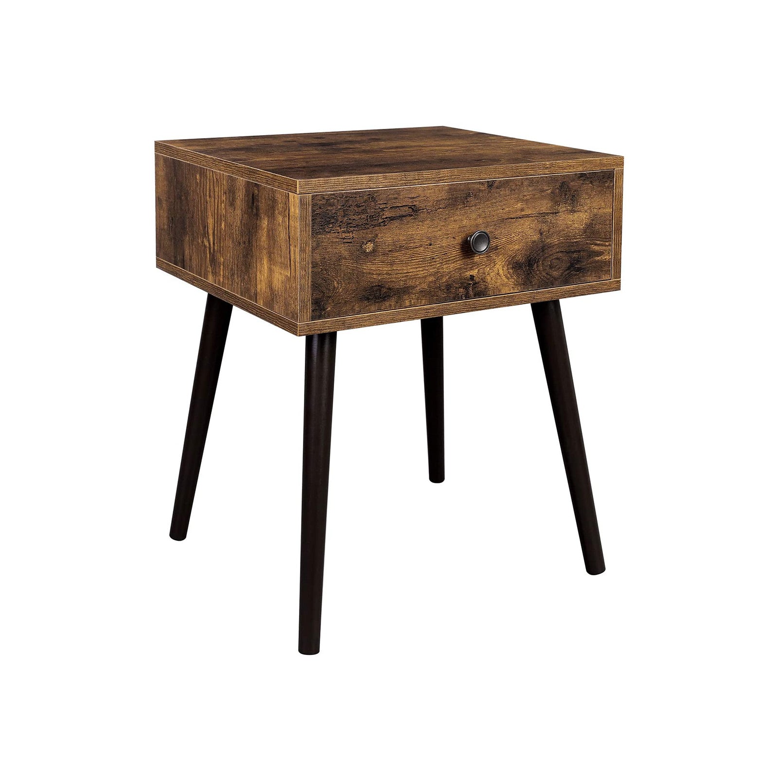 Wooden Nightstand – Rustic Brown – Retro Style – With Drawer and Tapered Legs