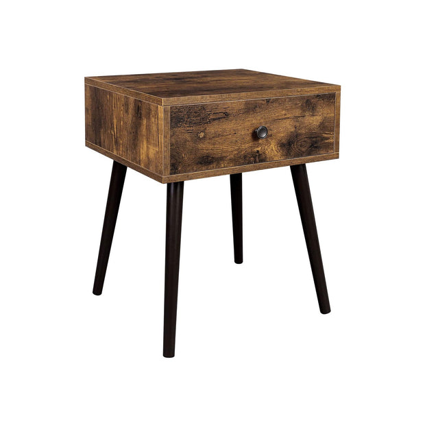 Wooden Nightstand – Rustic Brown – Retro Style – With Drawer and Tapered Legs