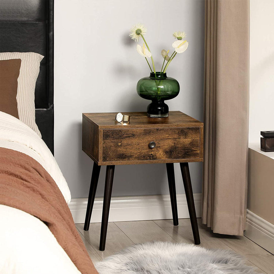 Wooden Nightstand – Rustic Brown – Retro Style – With Drawer and Tapered Legs
