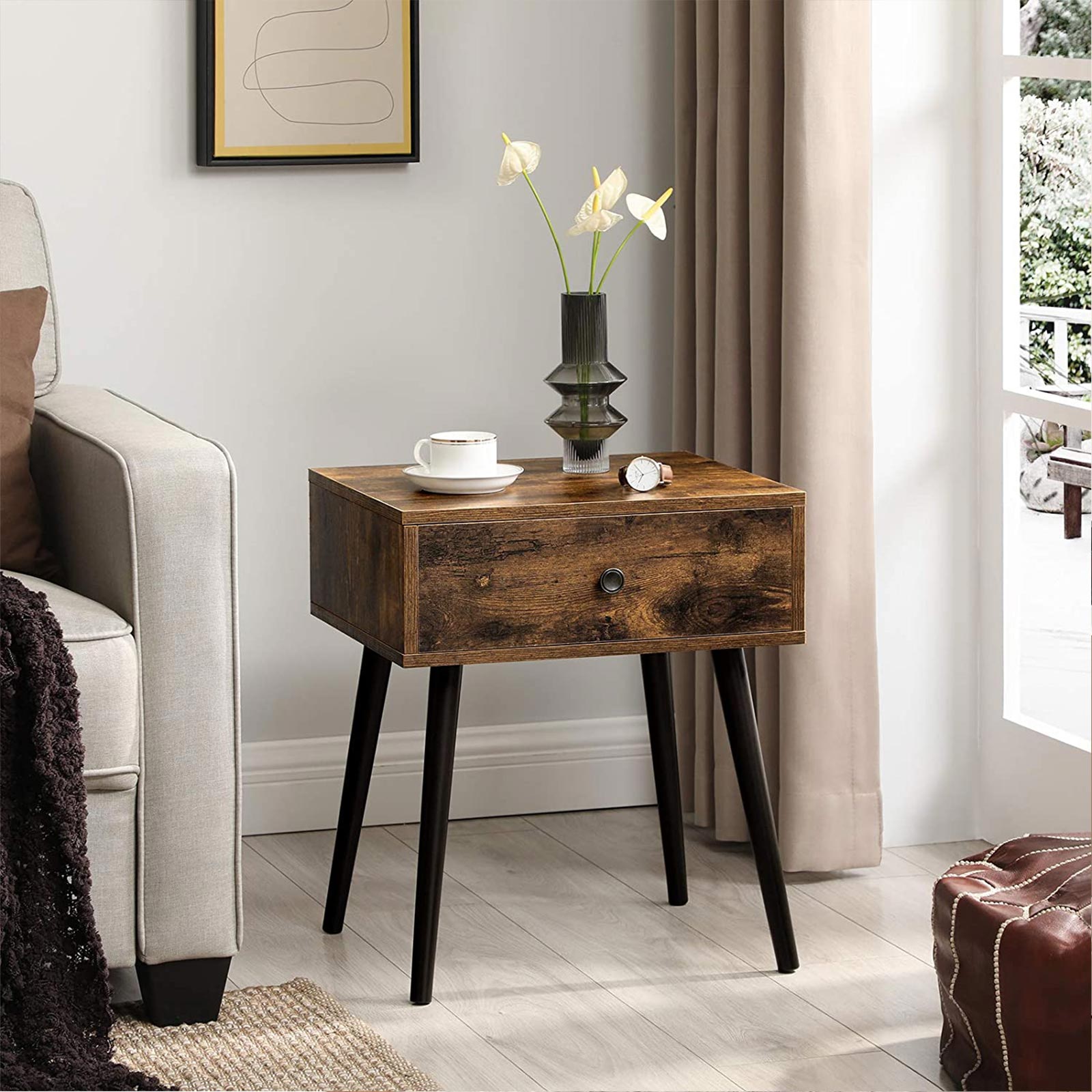 Wooden Nightstand – Rustic Brown – Retro Style – With Drawer and Tapered Legs