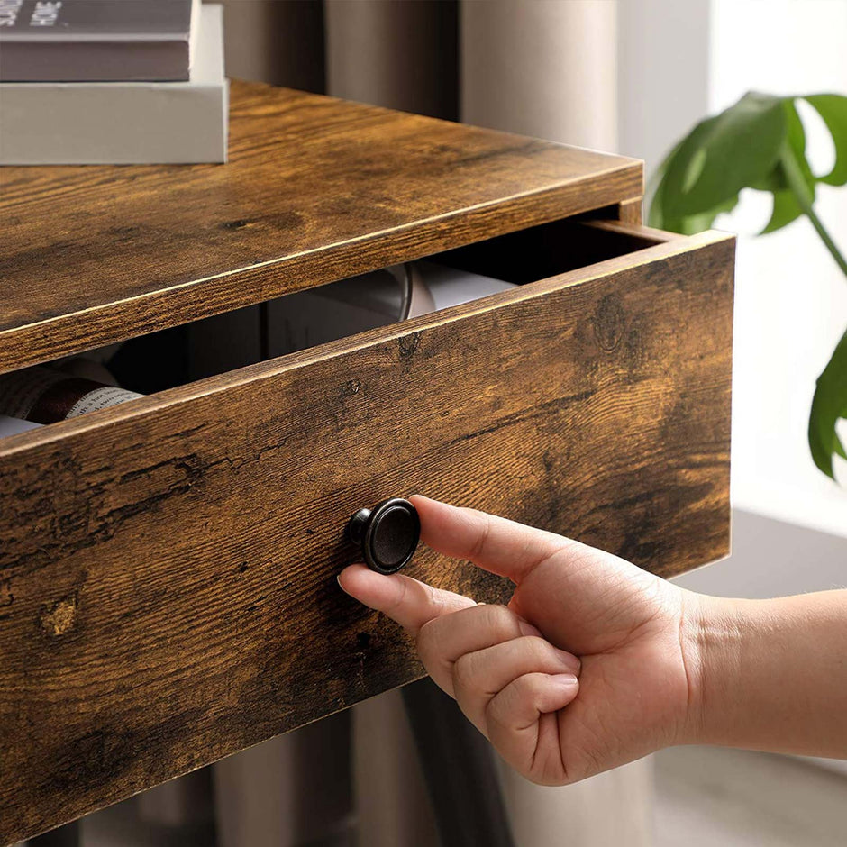 Wooden Nightstand – Rustic Brown – Retro Style – With Drawer and Tapered Legs
