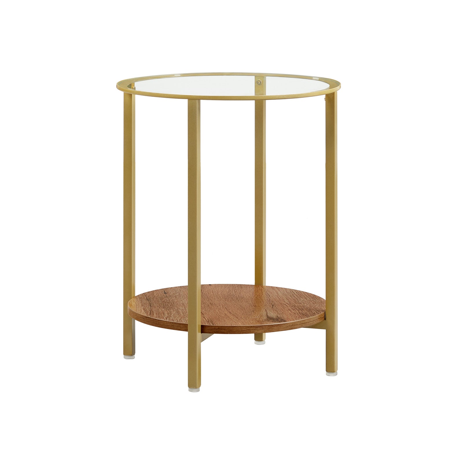 Round Side Table – Tempered Glass – Hazelnut Brown and Gold – Two-Tier Design