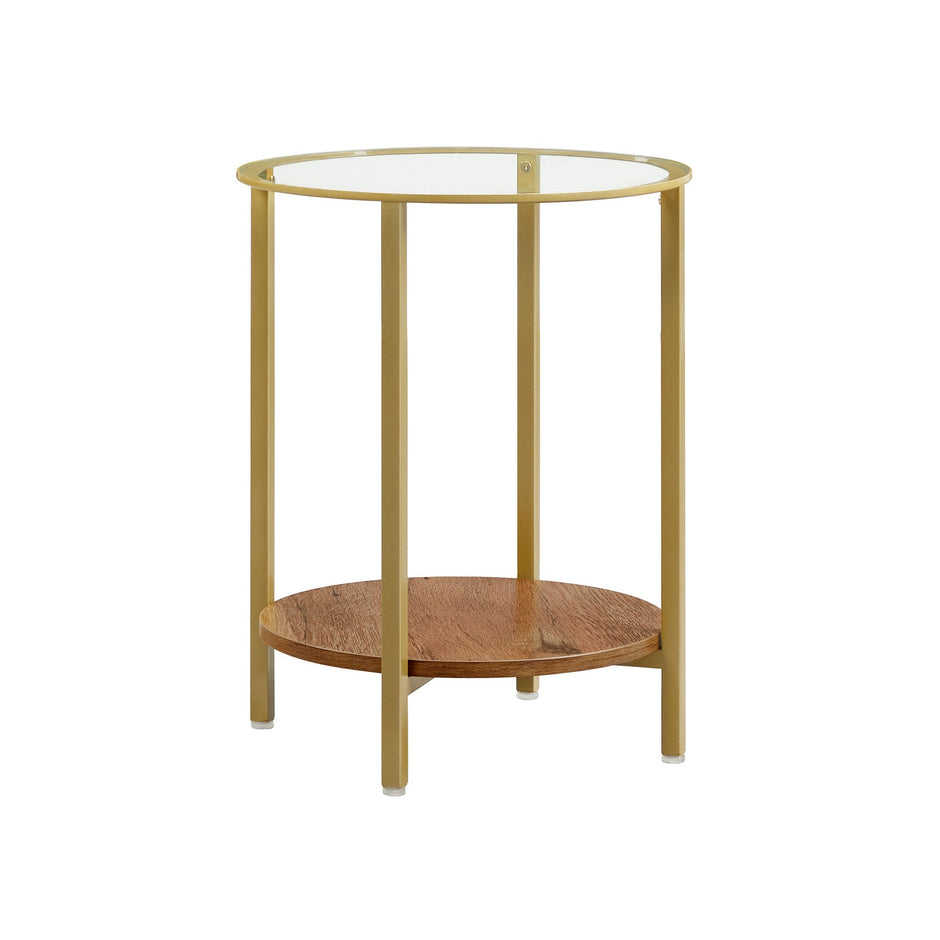 Round Side Table – Tempered Glass – Hazelnut Brown and Gold – Two-Tier Design
