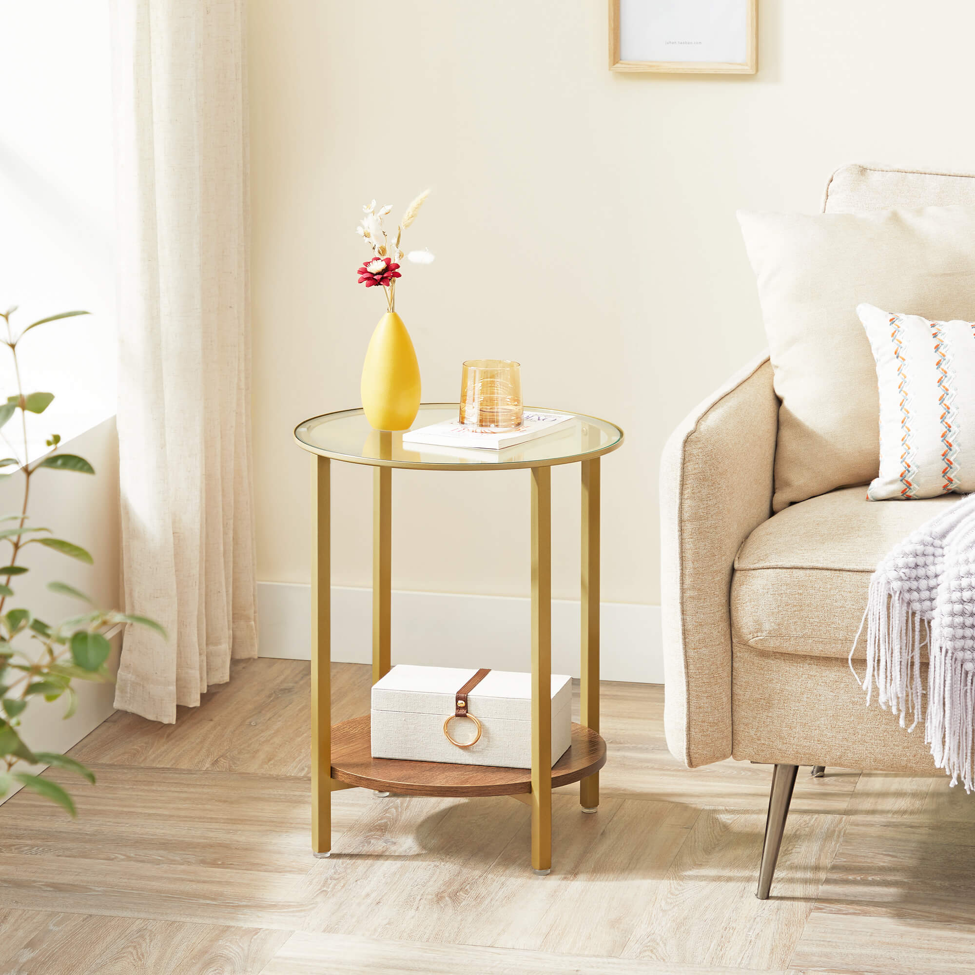 Round Side Table – Tempered Glass – Hazelnut Brown and Gold – Two-Tier Design