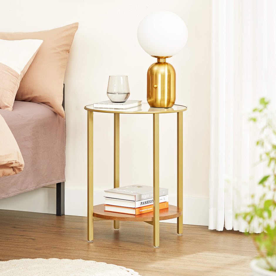 Round Side Table – Tempered Glass – Hazelnut Brown and Gold – Two-Tier Design