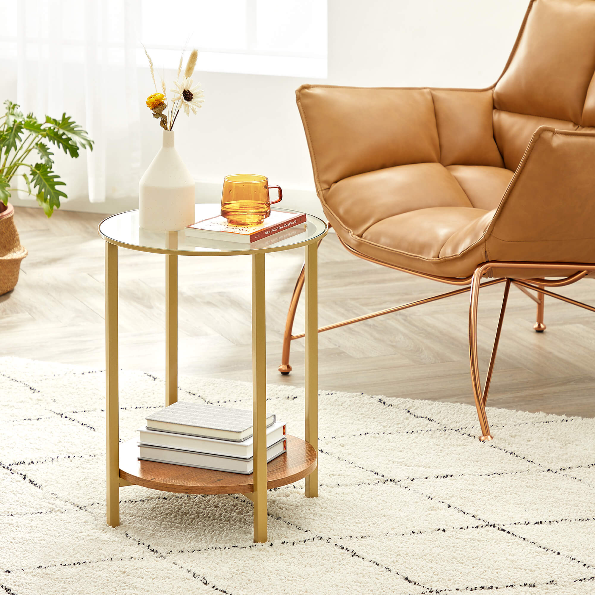 Round Side Table – Tempered Glass – Hazelnut Brown and Gold – Two-Tier Design