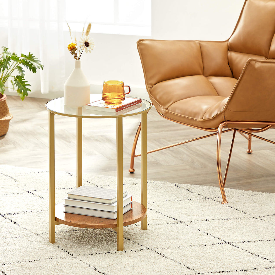 Round Side Table – Tempered Glass – Hazelnut Brown and Gold – Two-Tier Design