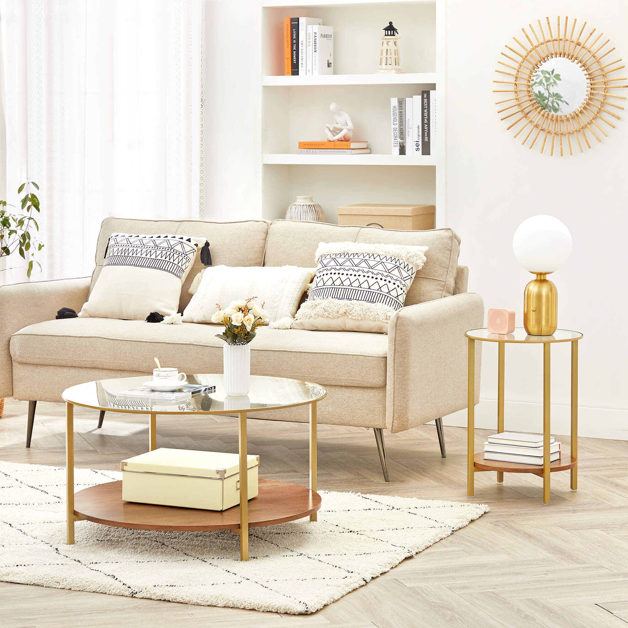 Round Side Table – Tempered Glass – Hazelnut Brown and Gold – Two-Tier Design