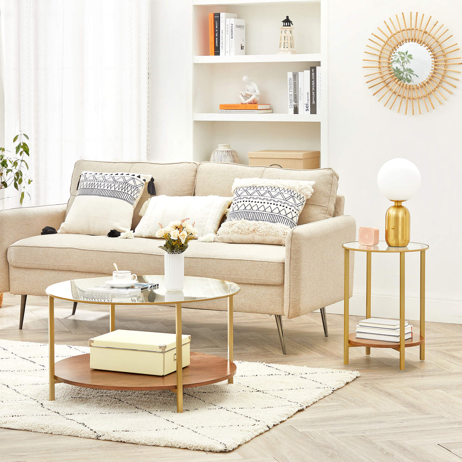 Round Side Table – Tempered Glass – Hazelnut Brown and Gold – Two-Tier Design