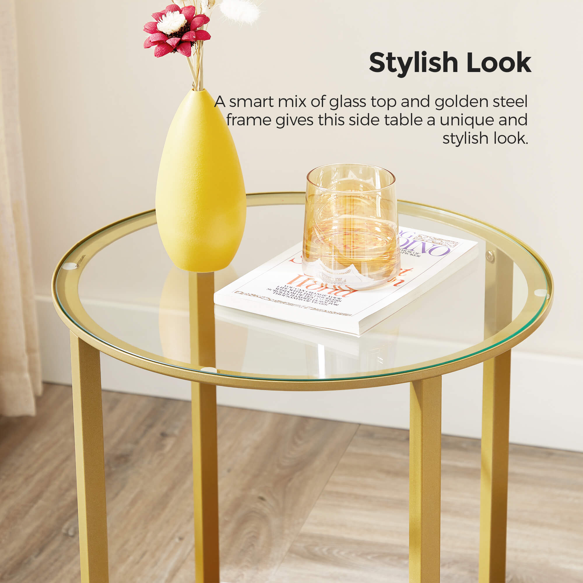 Round Side Table – Tempered Glass – Hazelnut Brown and Gold – Two-Tier Design