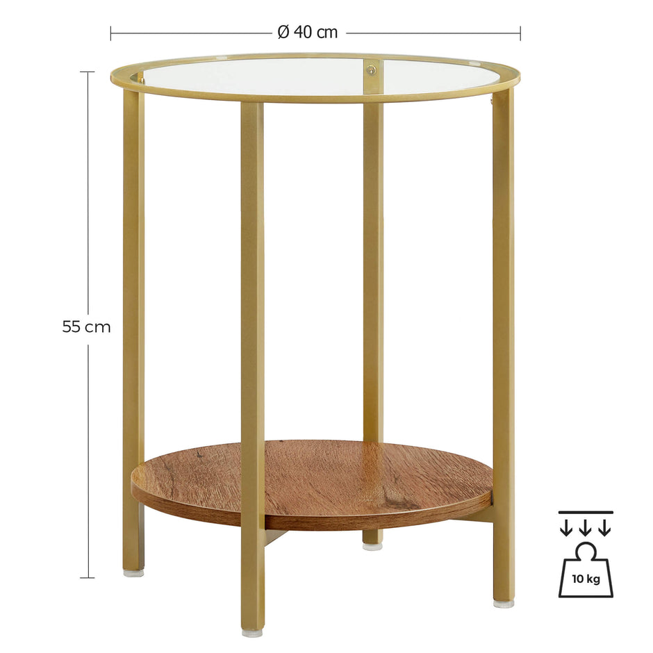 Round Side Table – Tempered Glass – Hazelnut Brown and Gold – Two-Tier Design