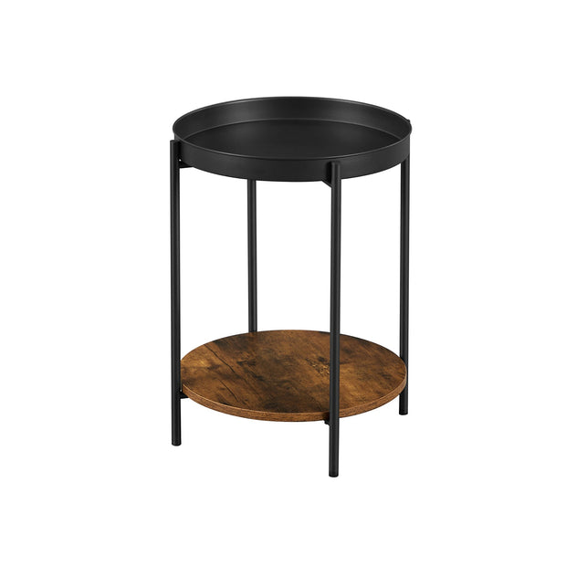 2-Tier Side Table – Steel Frame – Rustic Brown and Black – Movable Tray