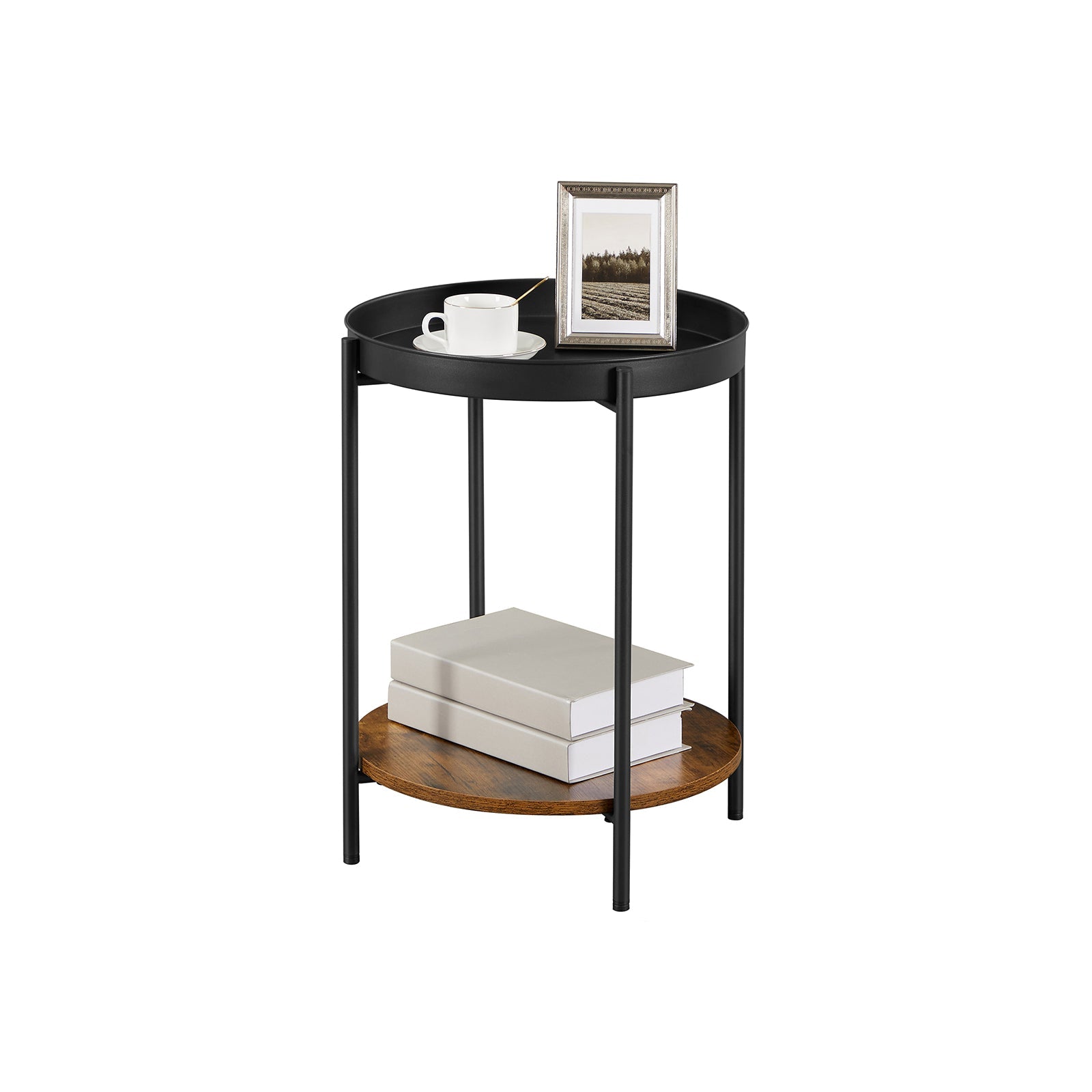 2-Tier Side Table – Steel Frame – Rustic Brown and Black – Movable Tray