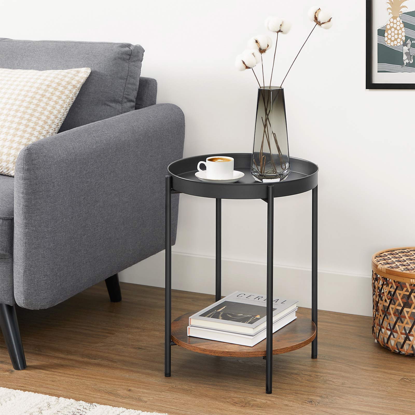2-Tier Side Table – Steel Frame – Rustic Brown and Black – Movable Tray