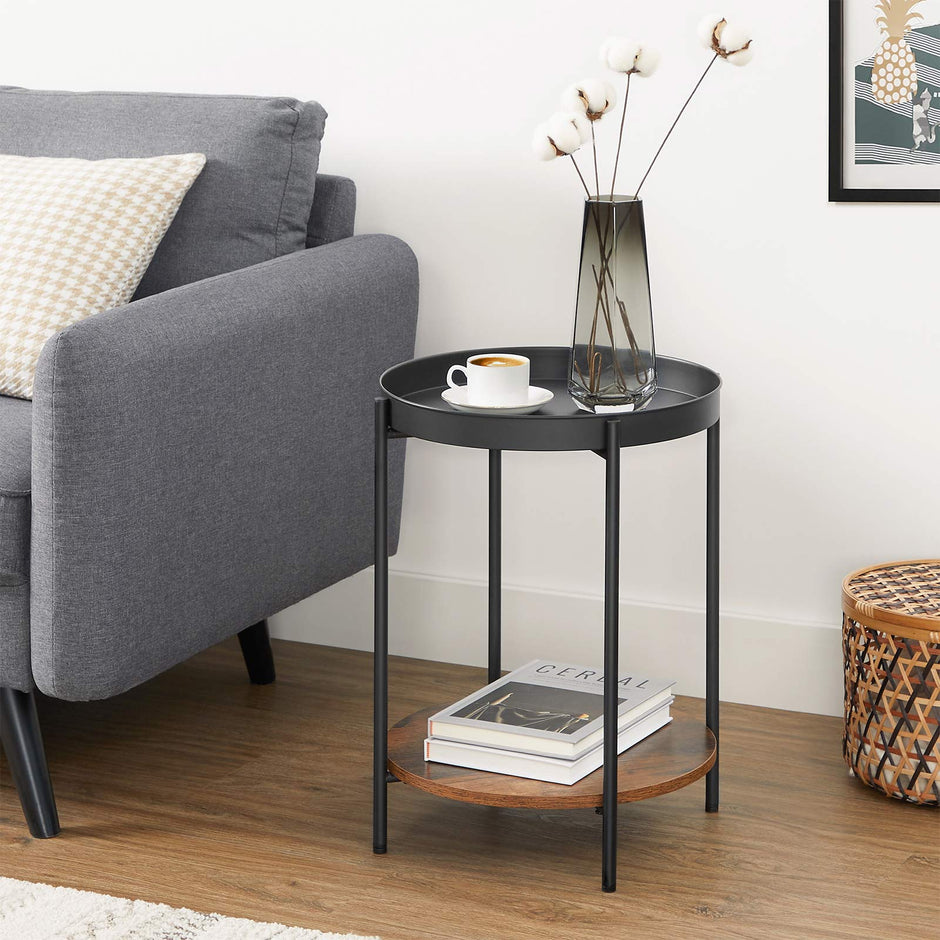 2-Tier Side Table – Steel Frame – Rustic Brown and Black – Movable Tray