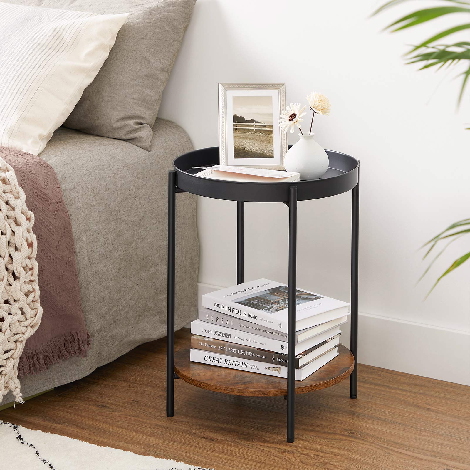 2-Tier Side Table – Steel Frame – Rustic Brown and Black – Movable Tray