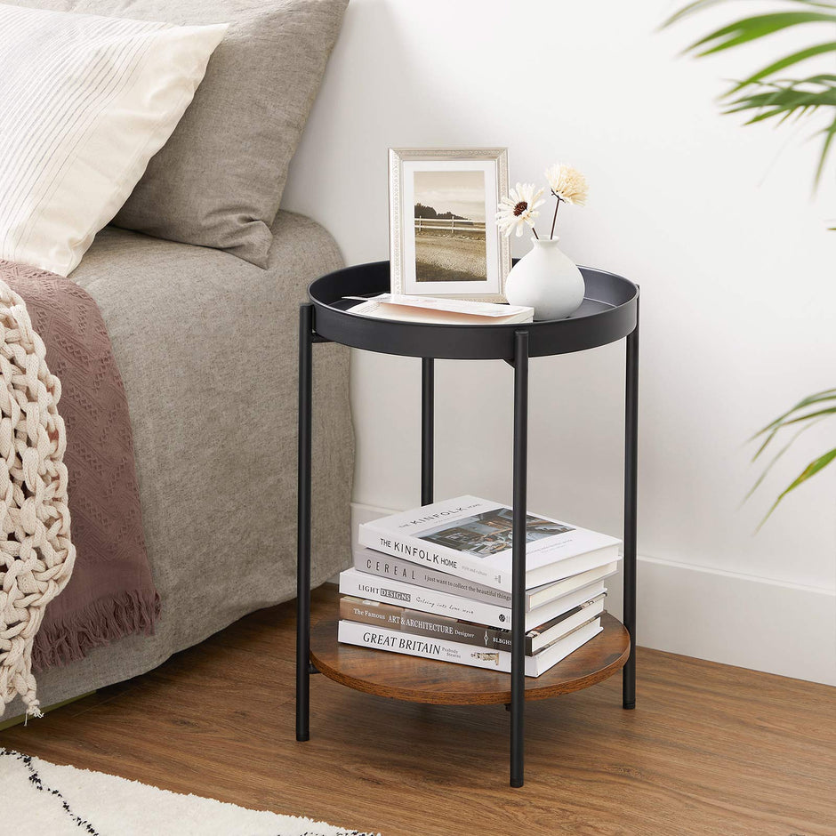 2-Tier Side Table – Steel Frame – Rustic Brown and Black – Movable Tray