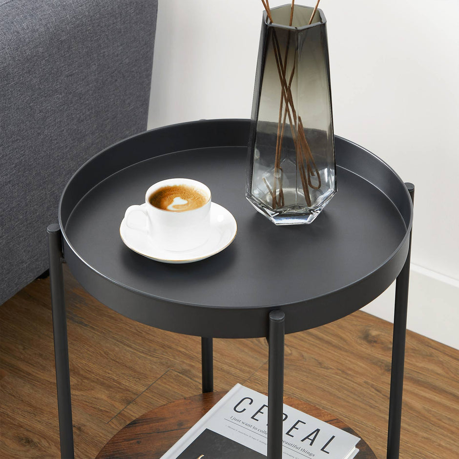 2-Tier Side Table – Steel Frame – Rustic Brown and Black – Movable Tray