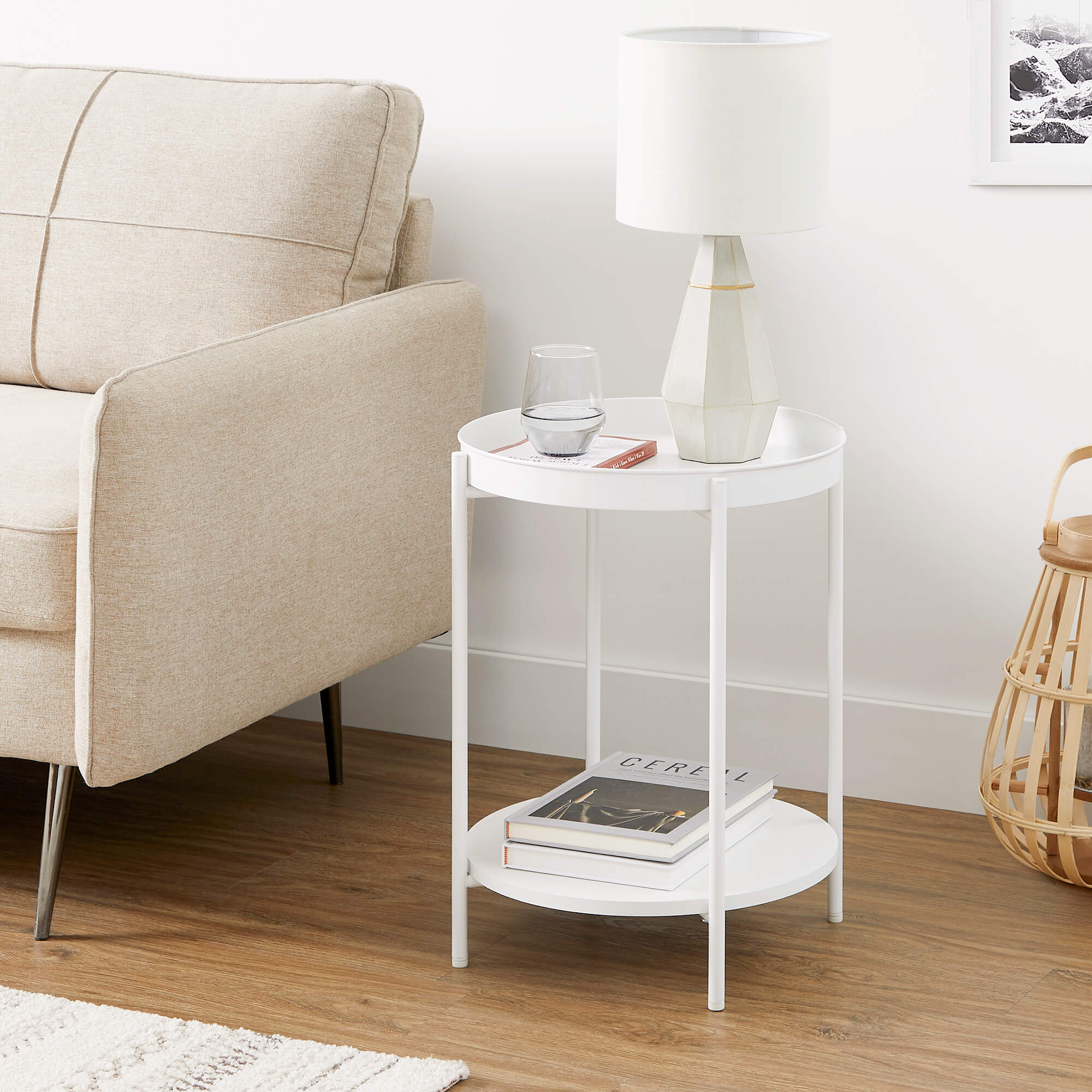Round Side Table – Steel Frame – Rustic Brown and Black – 2-Tier Design with Movable Tray