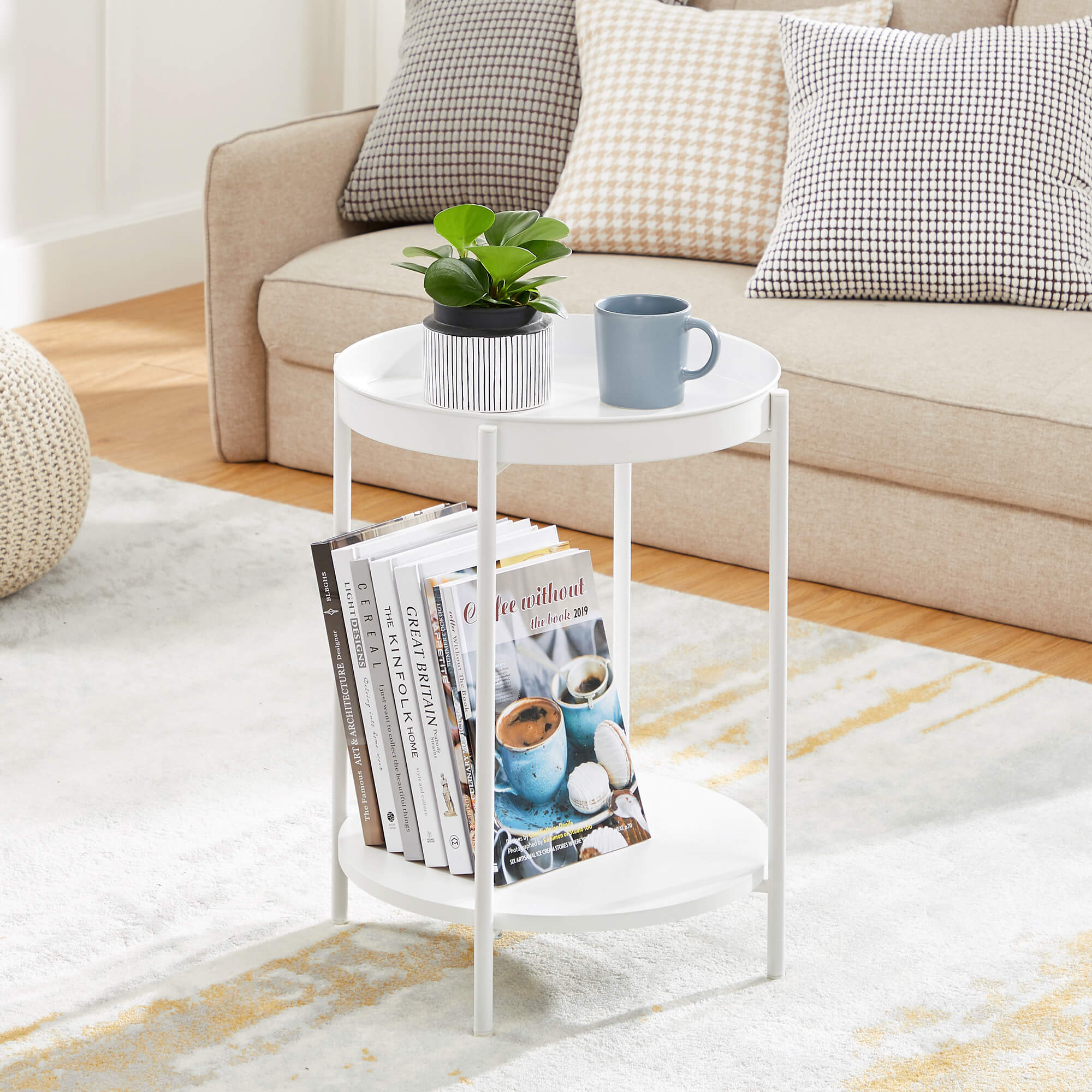Round Side Table – Steel Frame – Rustic Brown and Black – 2-Tier Design with Movable Tray