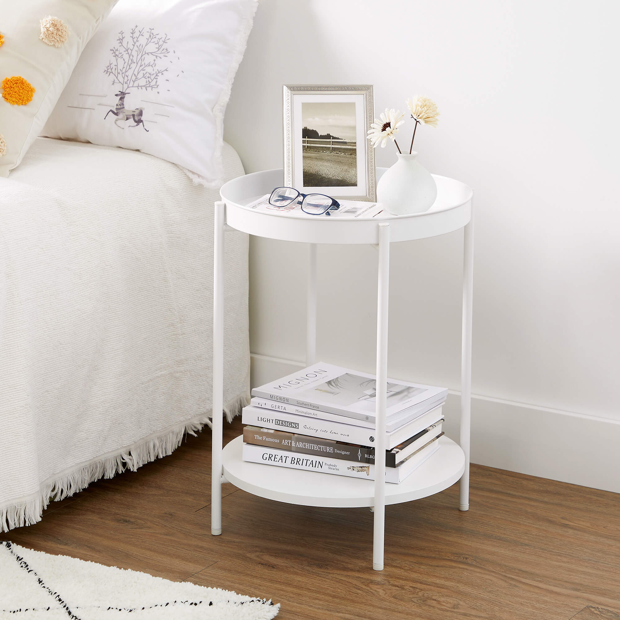 Round Side Table – Steel Frame – Rustic Brown and Black – 2-Tier Design with Movable Tray