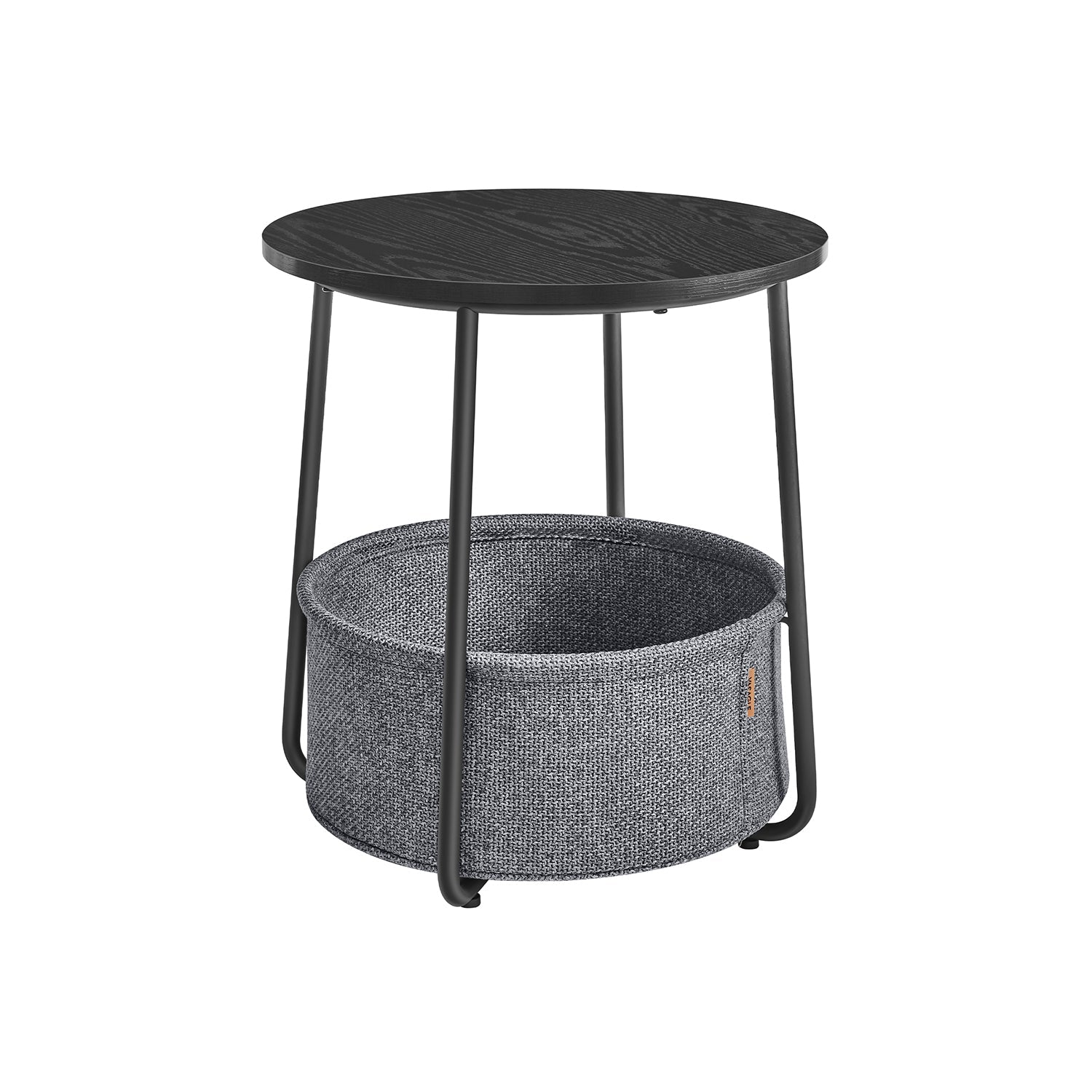 Round Side Table – Wood and Fabric – Ebony Black and Slate Grey – Spacious Design with Basket Storage