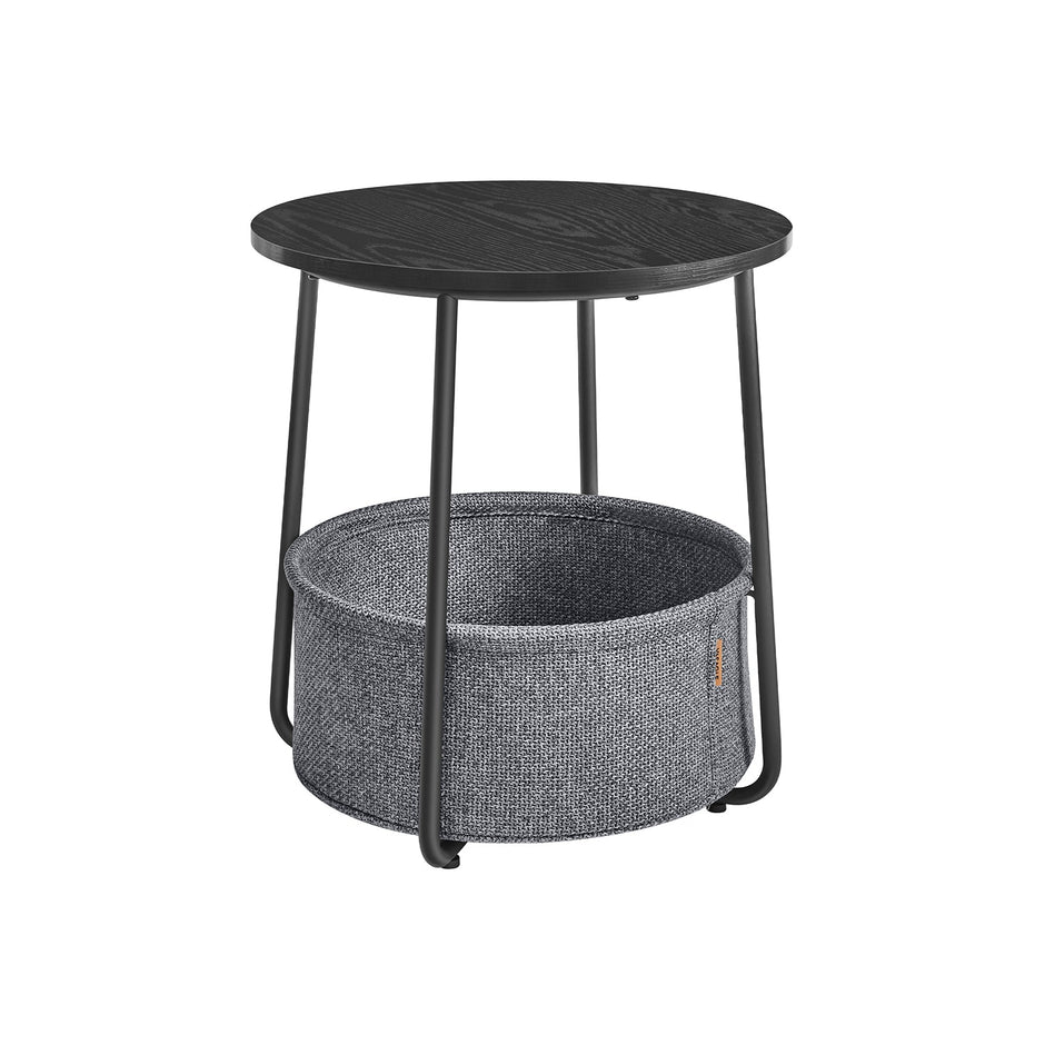 Round End Table – Wood and Fabric – Black with Wood Grain and Dark Turquoise – Spacious Design for Living Room and Bedroom