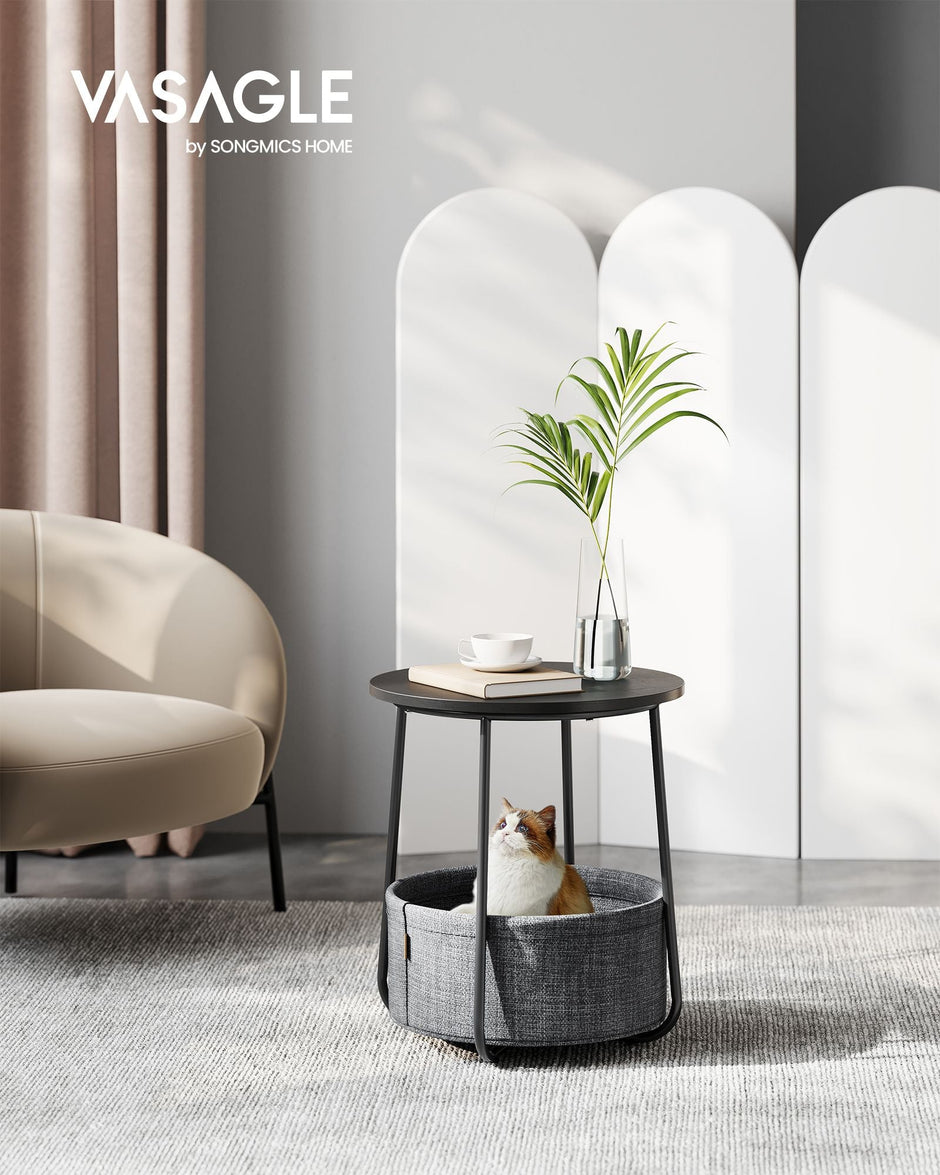 Round Side Table – Wood and Fabric – Ebony Black and Slate Grey – Spacious Design with Basket Storage