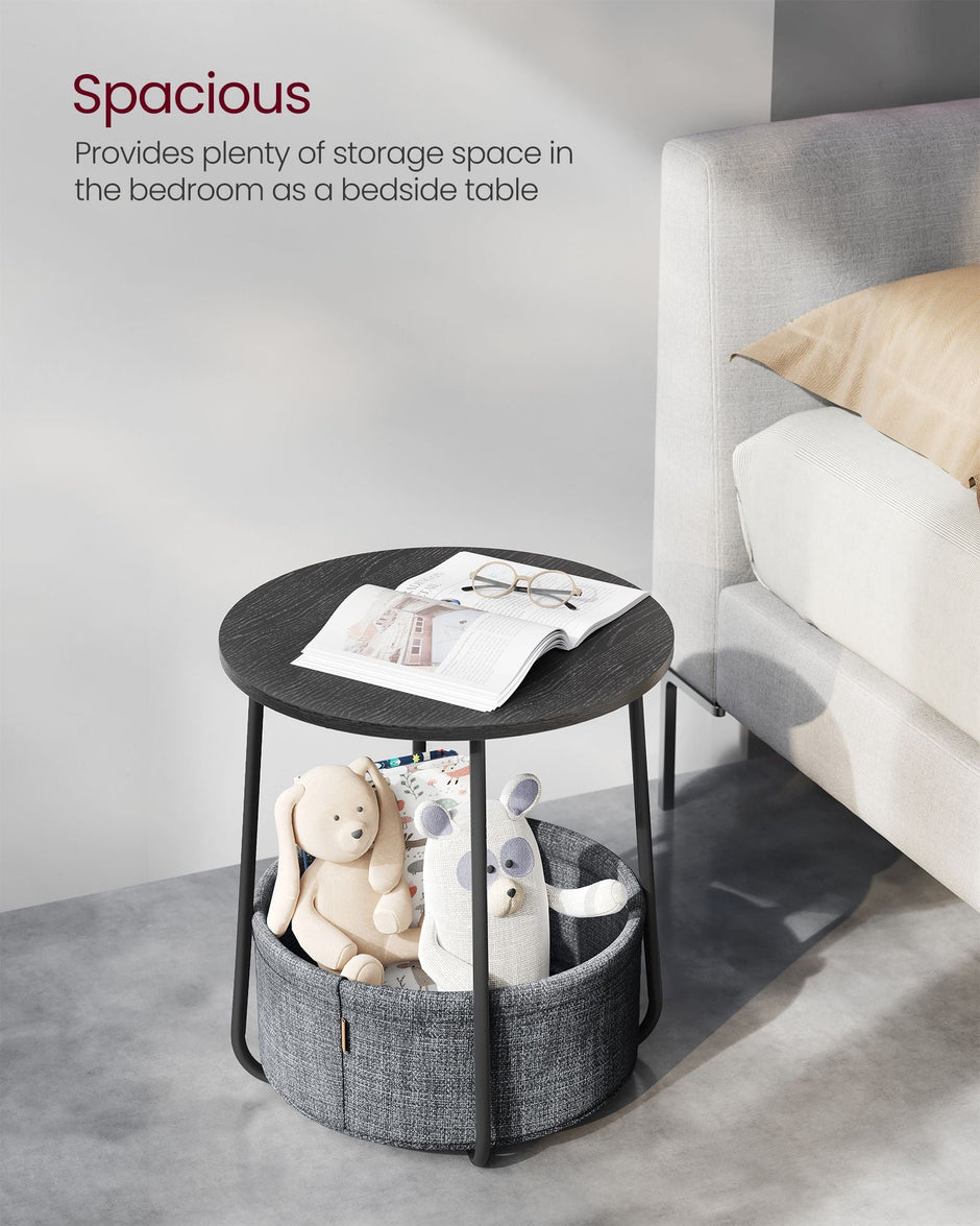 Round Side Table – Wood and Fabric – Ebony Black and Slate Grey – Spacious Design with Basket Storage
