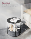 Round Side Table – Wood and Fabric – Ebony Black and Slate Grey – Spacious Design with Basket Storage