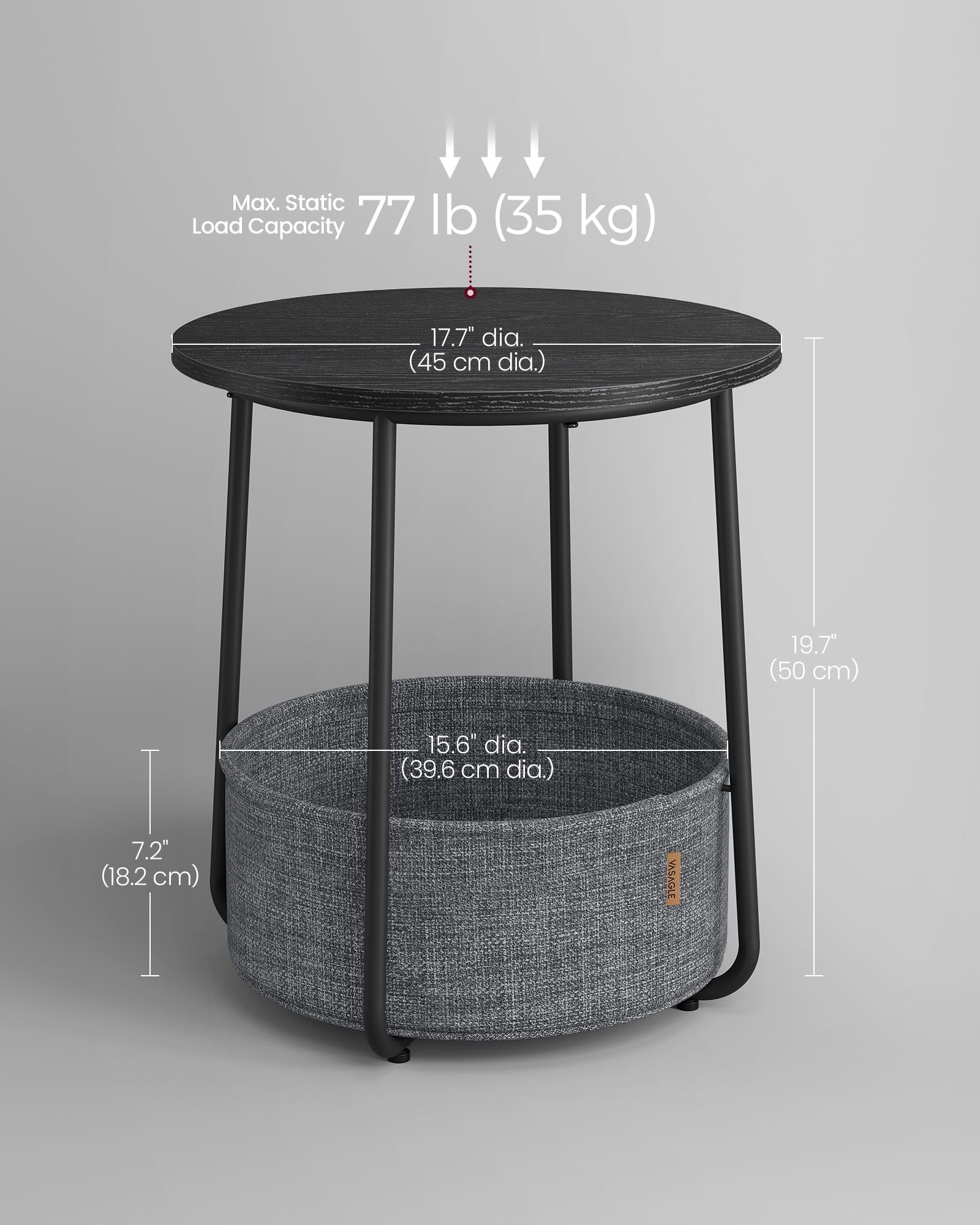 Round Side Table – Wood and Fabric – Ebony Black and Slate Grey – Spacious Design with Basket Storage