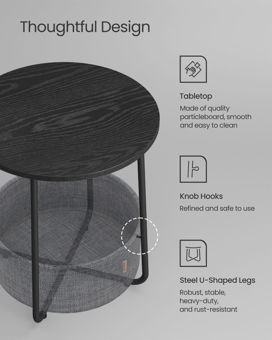 Round Side Table – Wood and Fabric – Ebony Black and Slate Grey – Spacious Design with Basket Storage