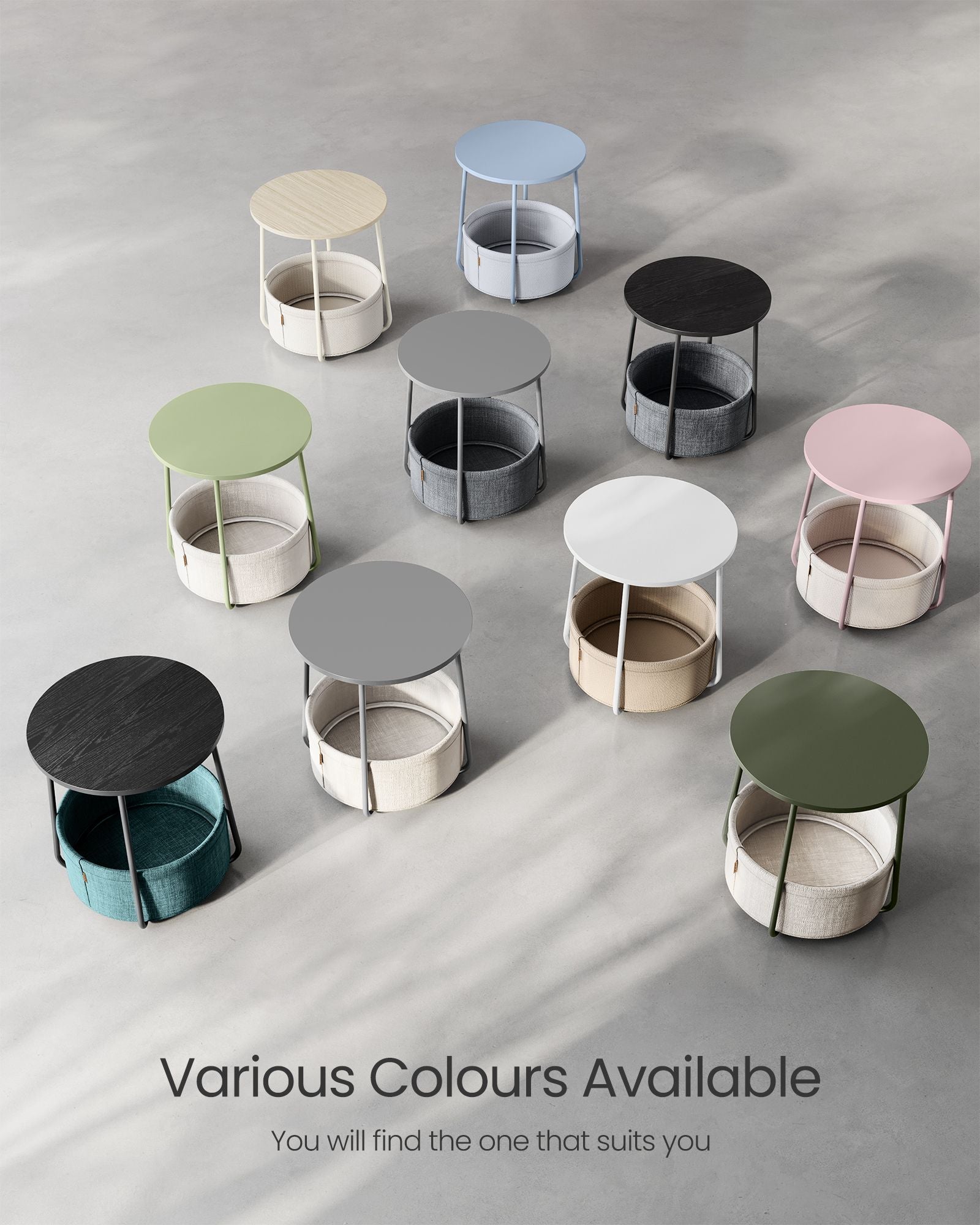Round Side Table – Wood and Fabric – Ebony Black and Slate Grey – Spacious Design with Basket Storage