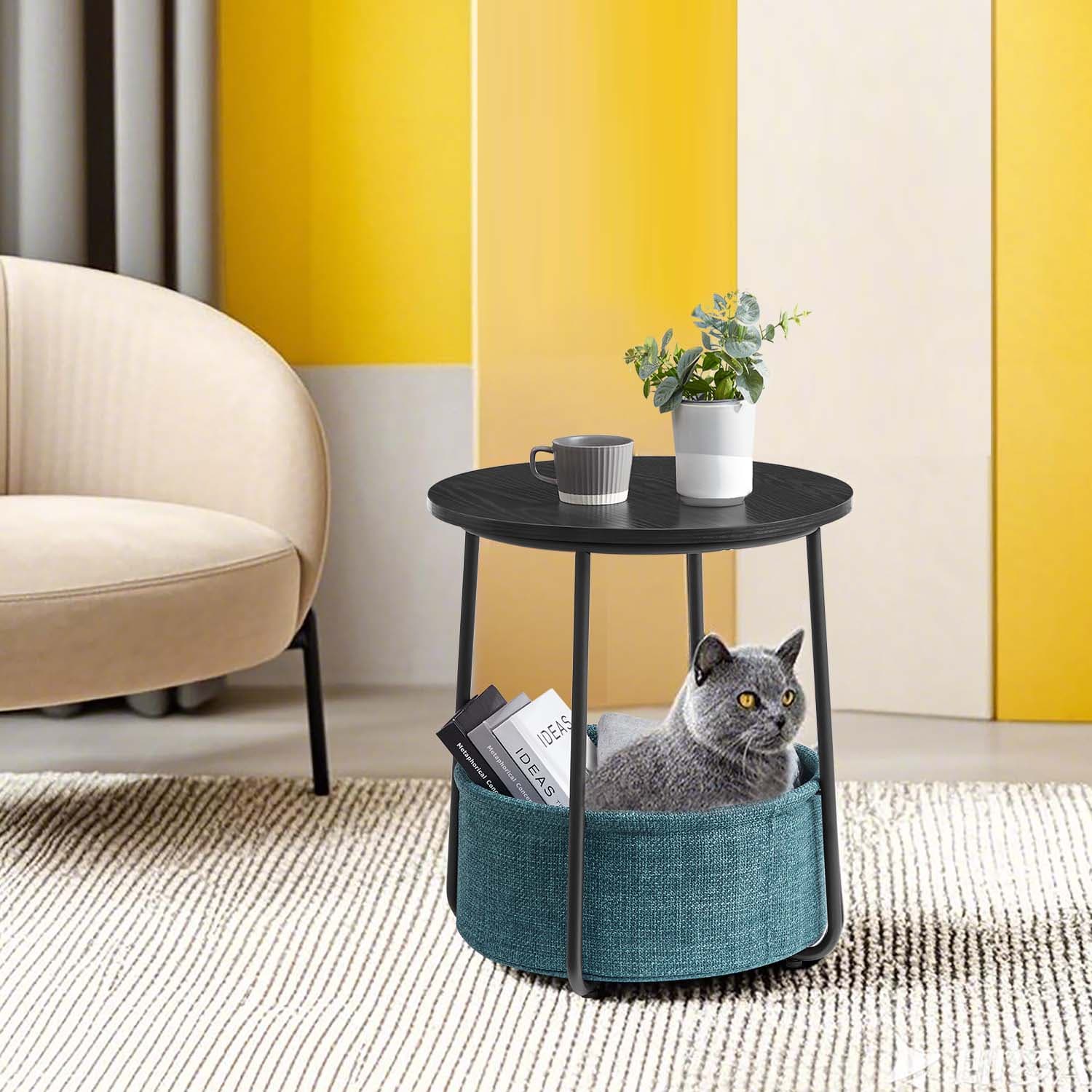 Round Side Table – Wood and Fabric – Ebony Black and Slate Grey – Modern Design with Storage Basket