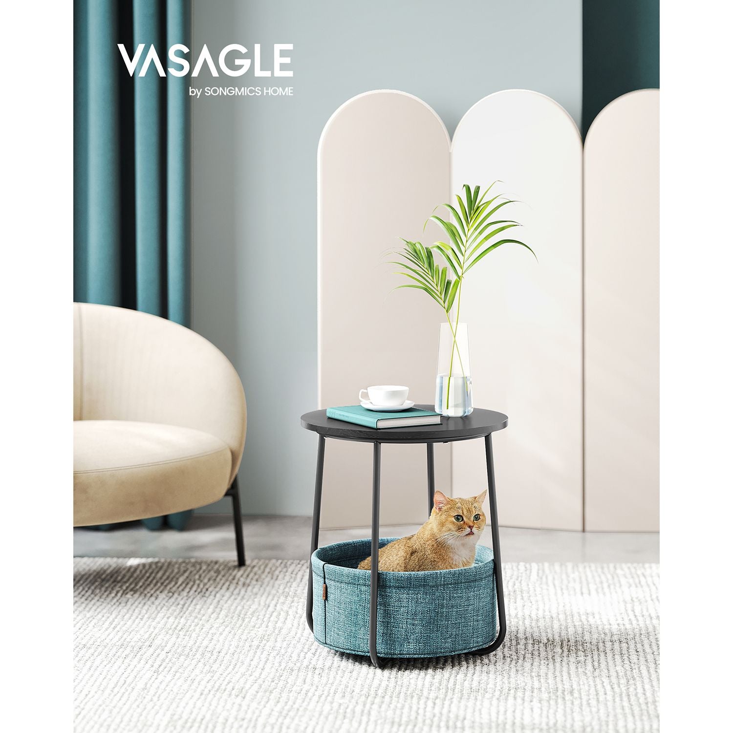 Round End Table – Wood and Fabric – Black with Wood Grain and Dark Turquoise – Spacious Design for Living Room and Bedroom