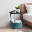 Round Side Table – Wood and Fabric – Ebony Black and Slate Grey – Modern Design with Storage Basket