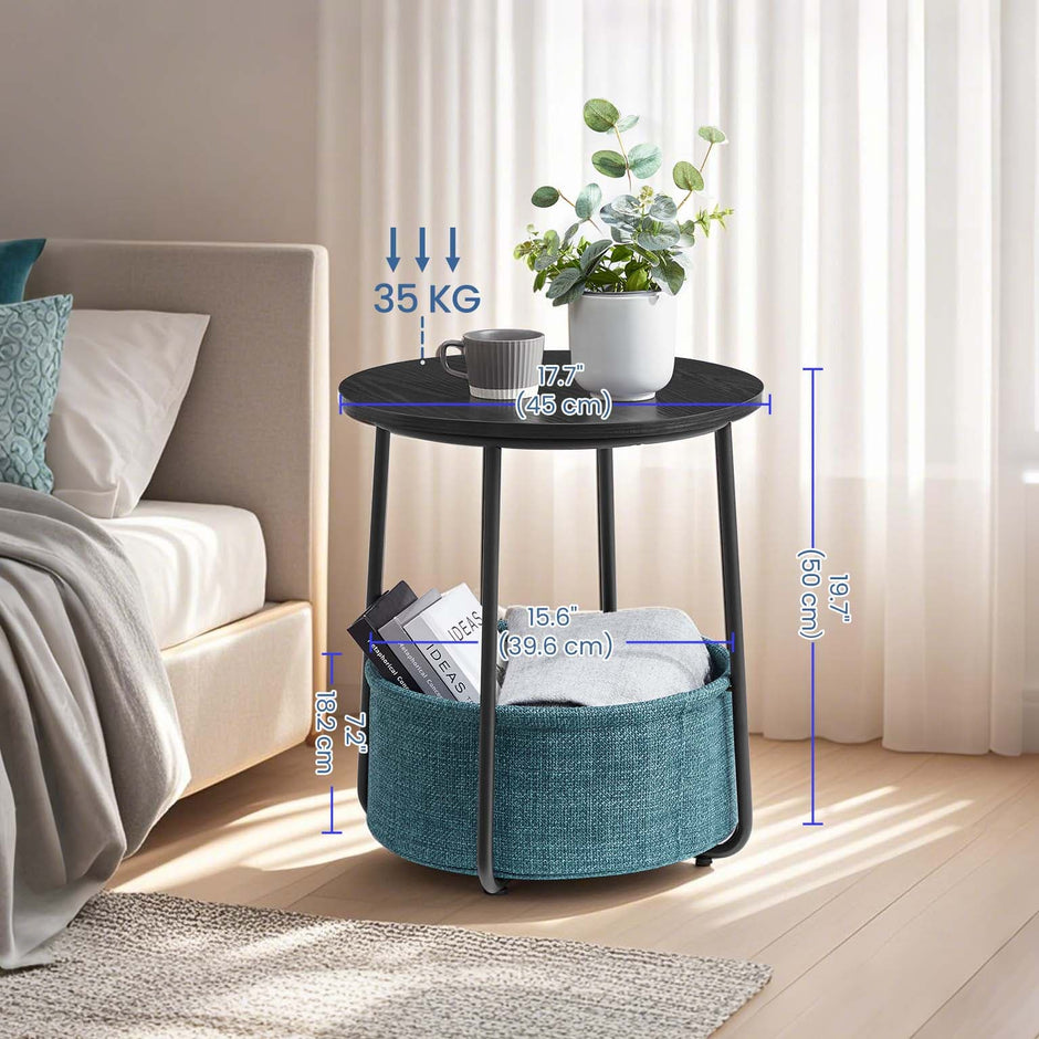 Round Side Table – Wood and Fabric – Ebony Black and Slate Grey – Modern Design with Storage Basket