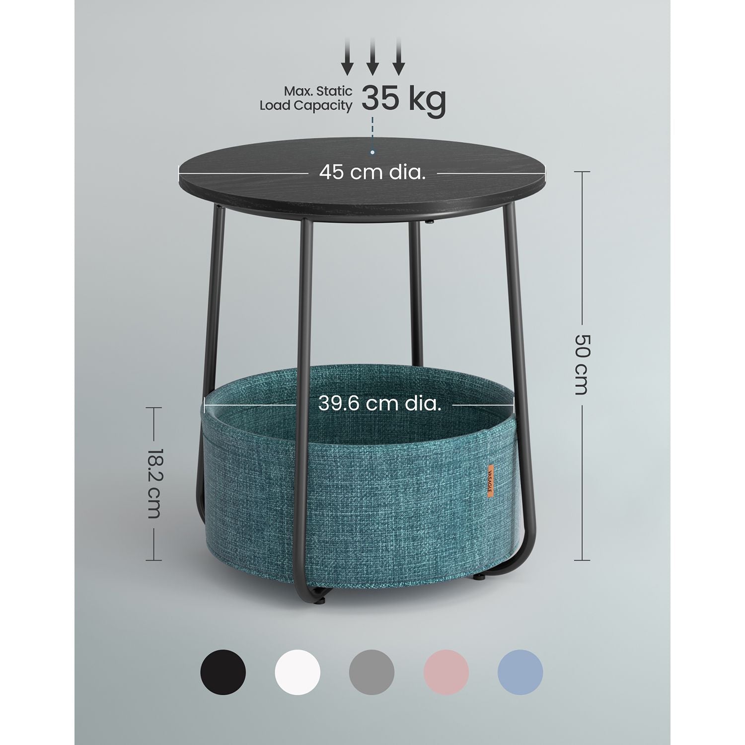 Round End Table – Wood and Fabric – Black with Wood Grain and Dark Turquoise – Spacious Design for Living Room and Bedroom