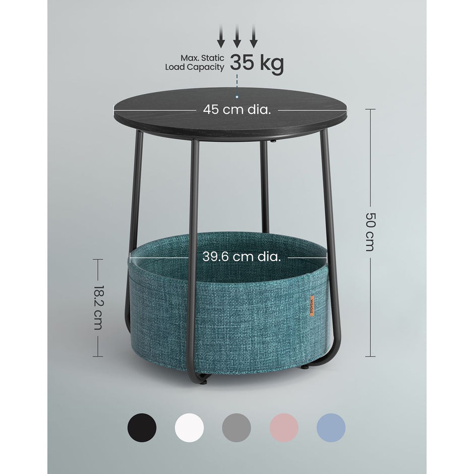 Round End Table – Wood and Fabric – Black with Wood Grain and Dark Turquoise – Spacious Design for Living Room and Bedroom