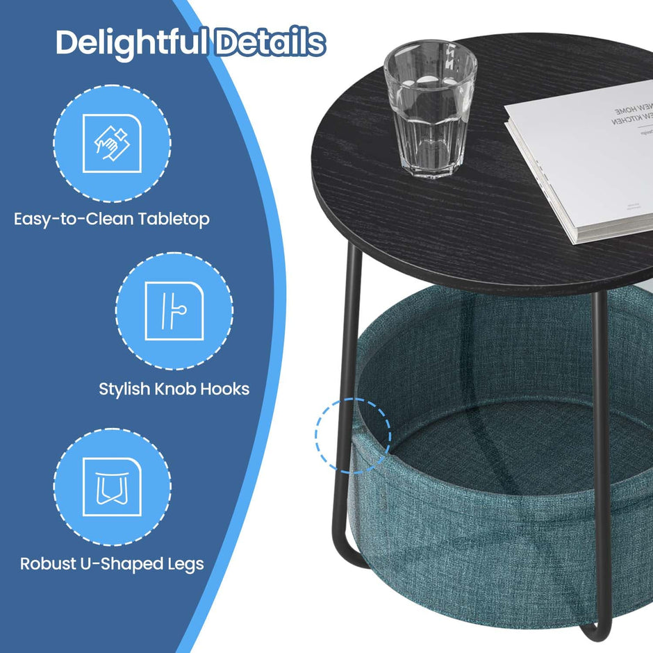 Round Side Table – Wood and Fabric – Ebony Black and Slate Grey – Modern Design with Storage Basket