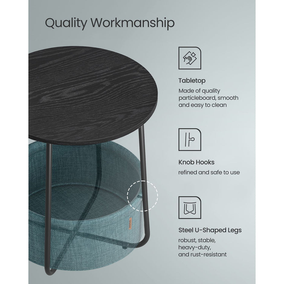 Round End Table – Wood and Fabric – Black with Wood Grain and Dark Turquoise – Spacious Design for Living Room and Bedroom