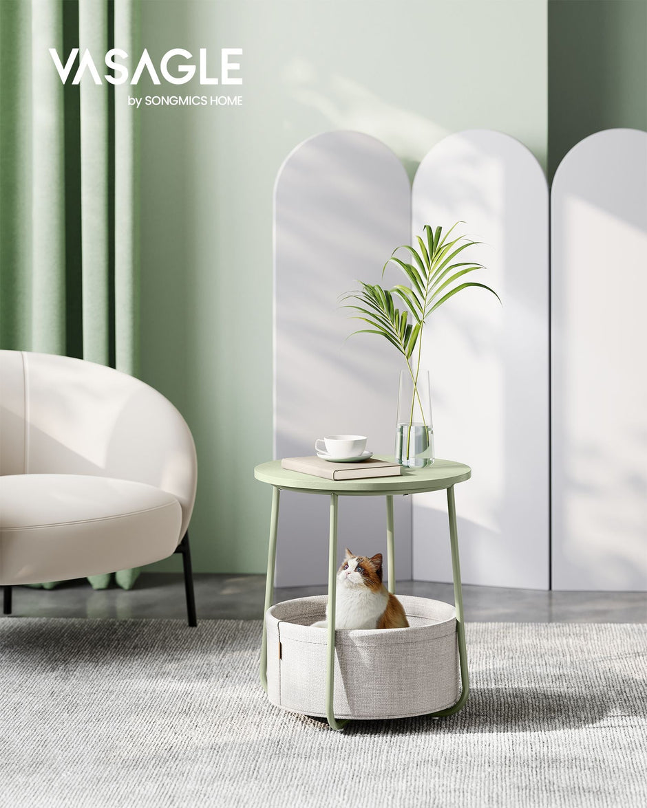 Round Side Table – Fabric – Laurel Green and Cream White – Spacious with Basket