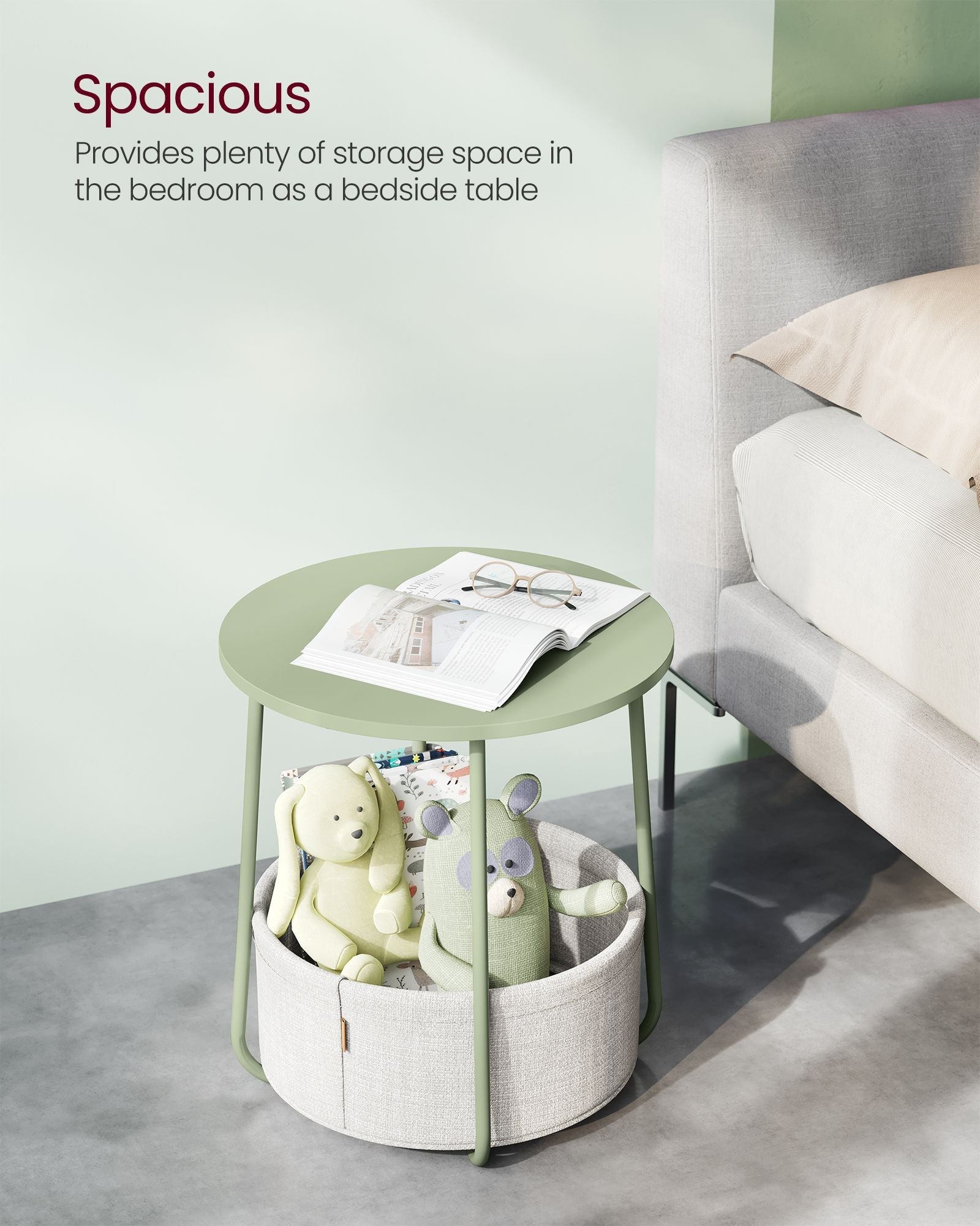 Round Side Table – Fabric – Laurel Green and Cream White – Spacious with Basket
