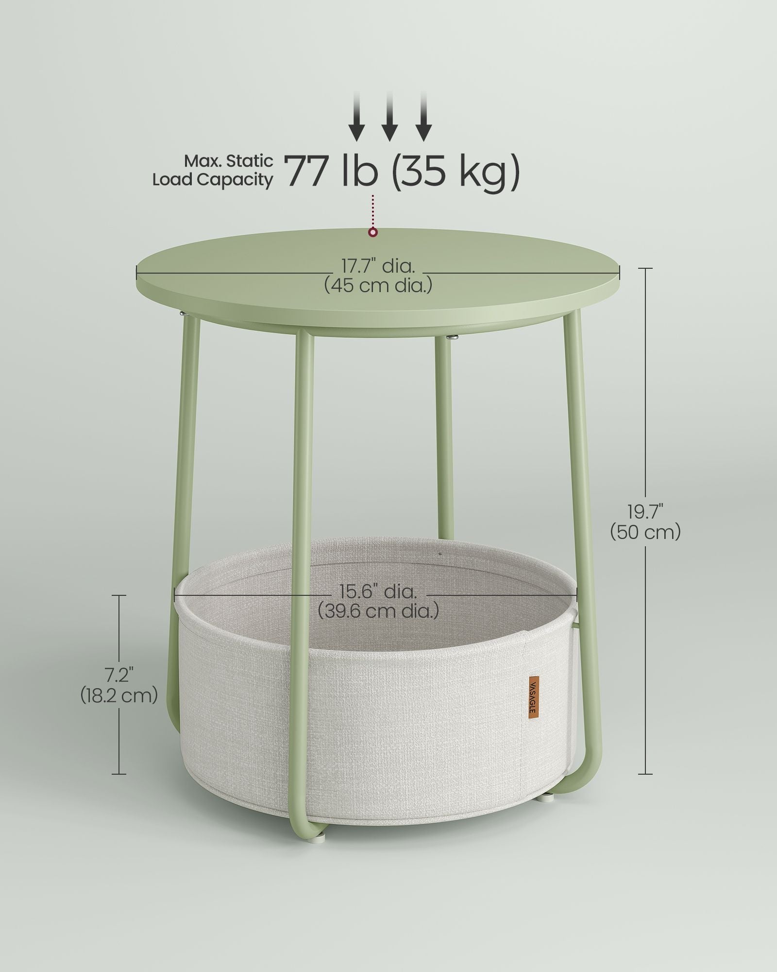 Round Side Table – Fabric – Laurel Green and Cream White – Spacious with Basket