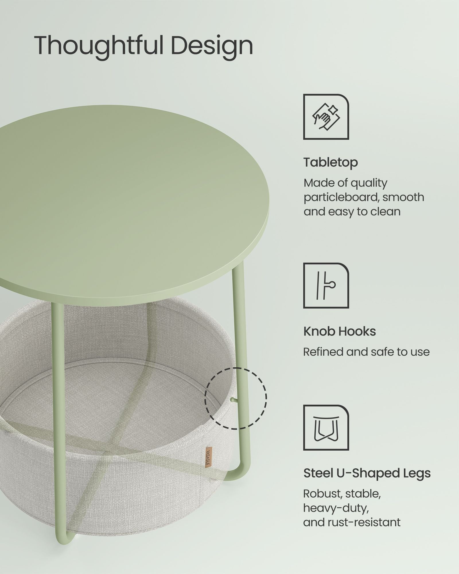 Round Side Table – Fabric – Laurel Green and Cream White – Spacious with Basket
