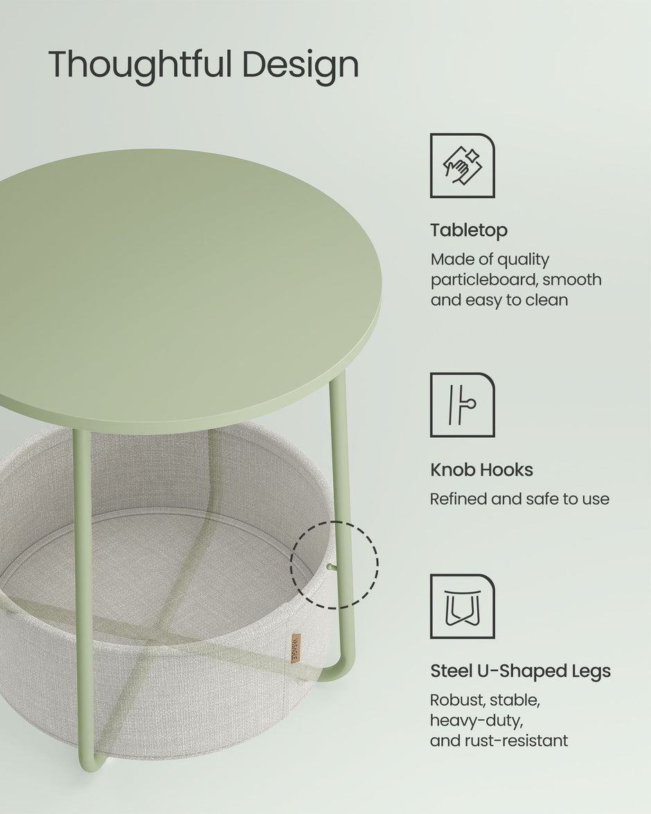 Round Side Table – Fabric – Laurel Green and Cream White – Spacious with Basket