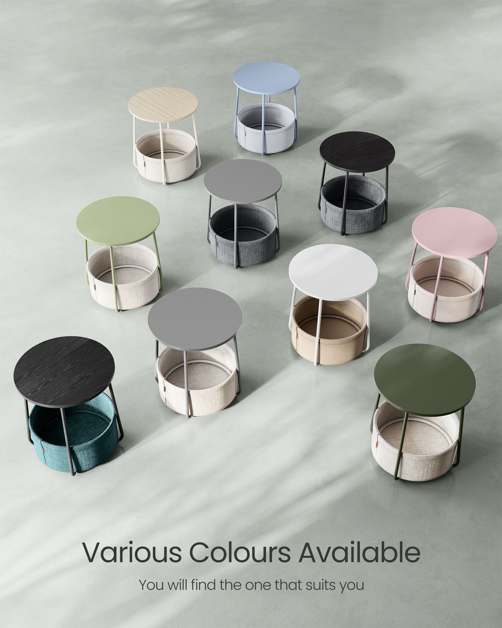 Round Side Table – Fabric – Laurel Green and Cream White – Spacious with Basket