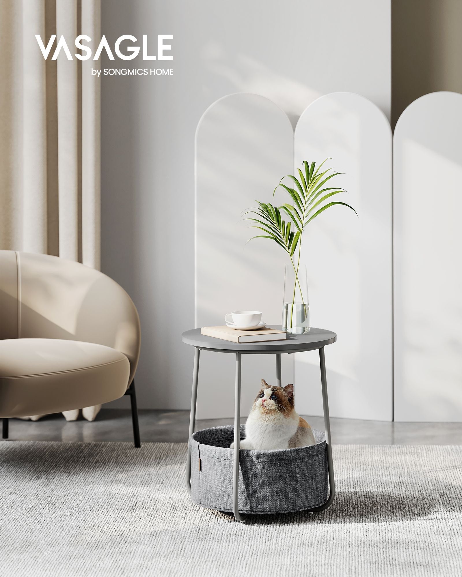 Round Side Table – Wood – Dove Grey and Slate Grey – Includes Fabric Basket